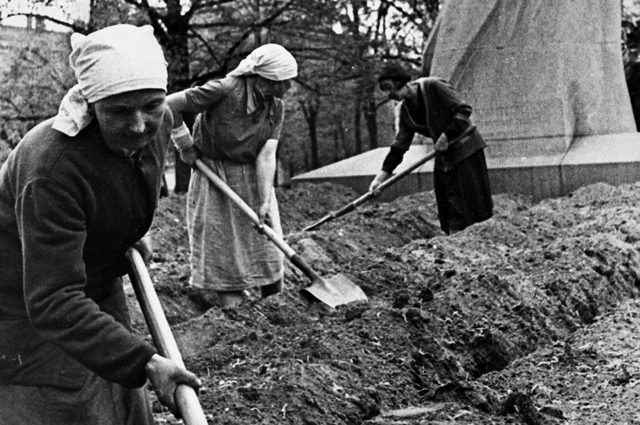 Ленинградцы вскапывают огород в Александровском саду.