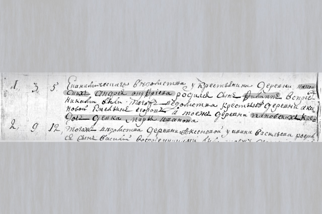Фрагмент записи в метрической книге за 1802 год Никольской церкви в Качанове.