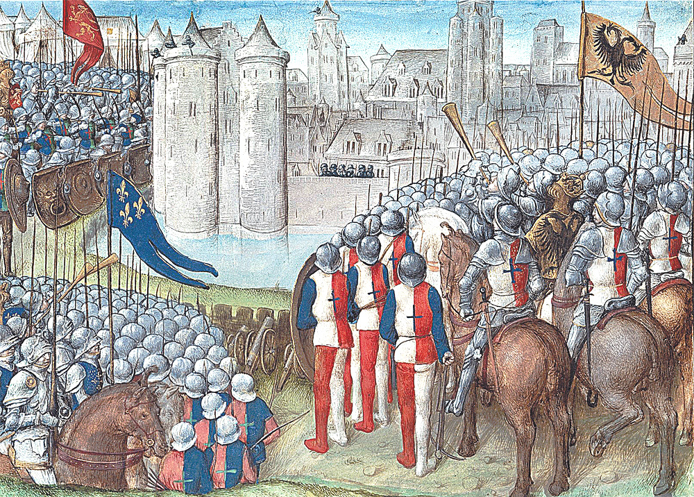 Осада крестоносцами Дамаска в 1148 г. армиями короля Иерусалима Балдуина III, короля Франции Людовика VII и короля Германии Конрада III (двуглавый орёл на флаге - герб Германии того времени).