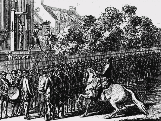 Наказание шпицрутенами, 1776 год. Осуждённого заставляли проходить сквозь строй из 100—800 солдат, которые прутьями били по спине осуждённого. 