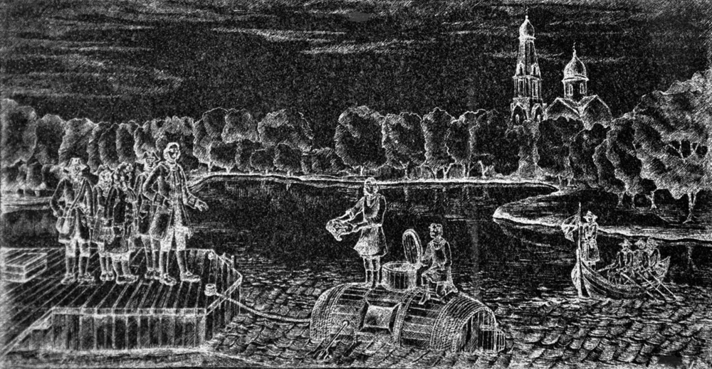 Выбитая на памятнике в Сестрорецке сцена, изображающая испытания лодки в присутствии Петра I.