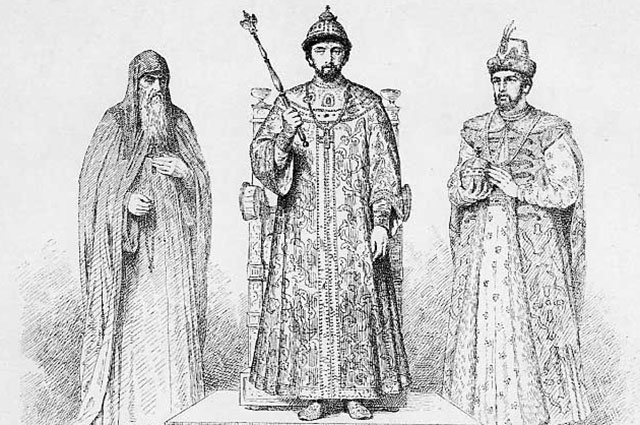 Патриарх Иов, царь Фёдор Иоаннович и Борис Годунов.