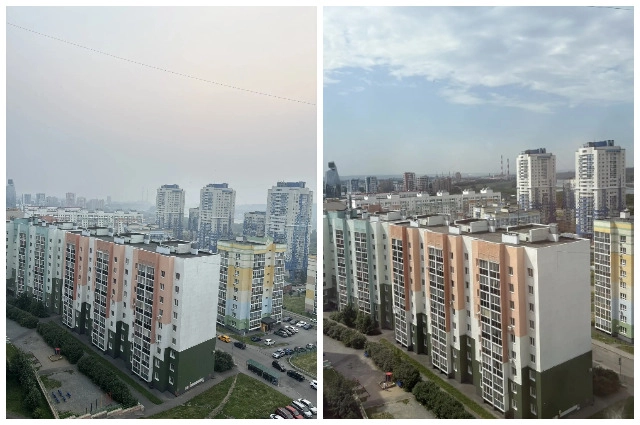 Небо в Кузбассе с разницей в три дня: слева - пелена от дыма пожаров в Красноярском крае.