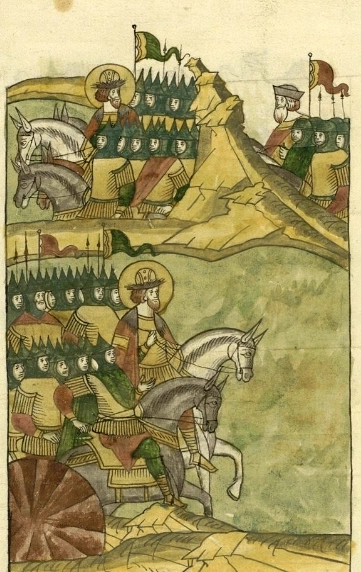 Русское войско выходит на Чудское озеро. Летописная миниатюра, XVI в.