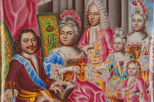Семья Петра I в 1717: Пётр I, Екатерина, старший сын Алексей Петрович от первой жены, младший двухлетний сын Пётр и дочери Анна и Елизавета. Эмаль на медной пластинке.