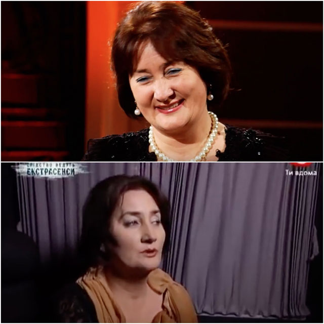 Ясновидящая Майя Дзидзишвили в телепроекте «Битва экстрасенсов». Российская (вверху) и украинская версии.