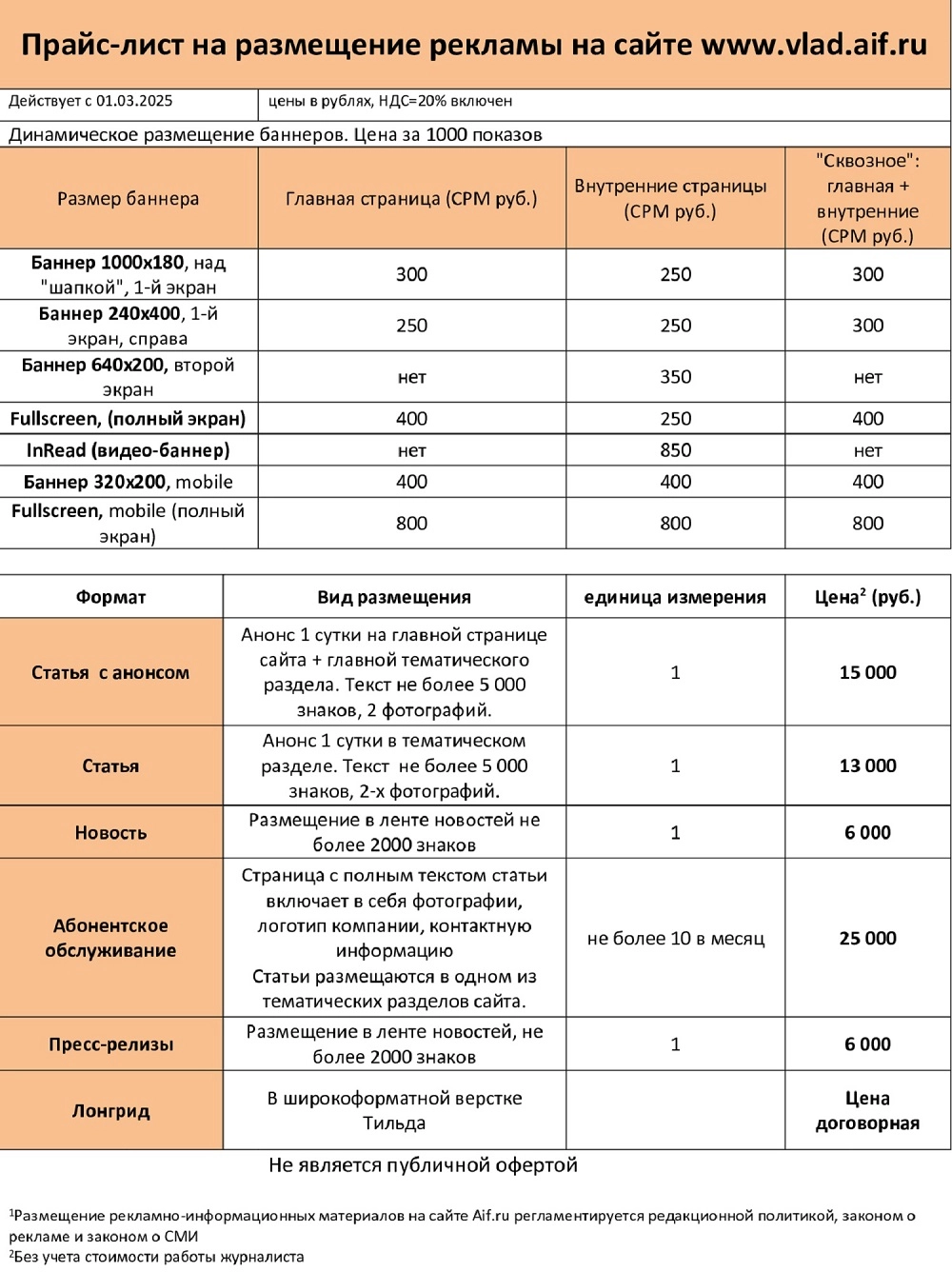 Прайс-лист на размещение рекламы на сайте www.vlad.aif.ru