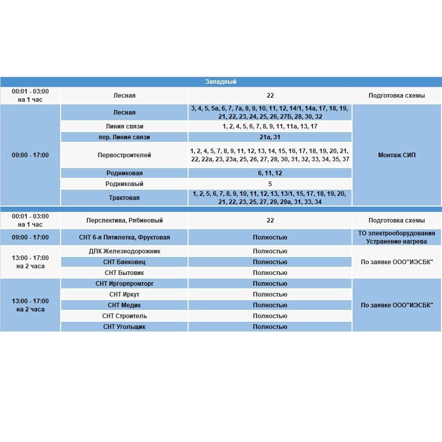 Отключение электричества 11 марта в посёлке Западный.