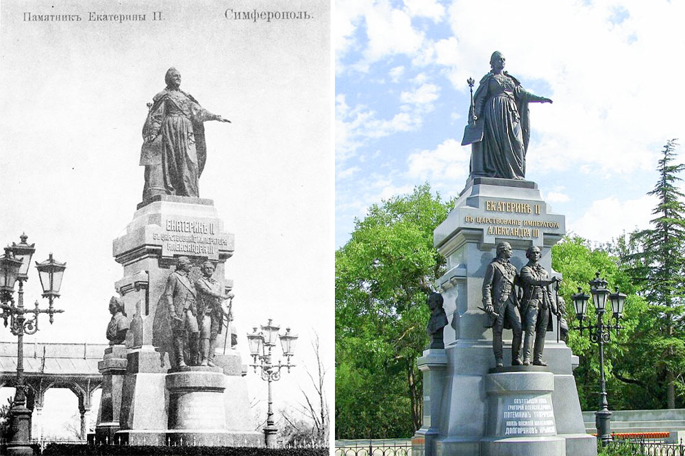 Памятник Екатерине II в Симферополе до революции (слева) и восстановленный в наши дни.