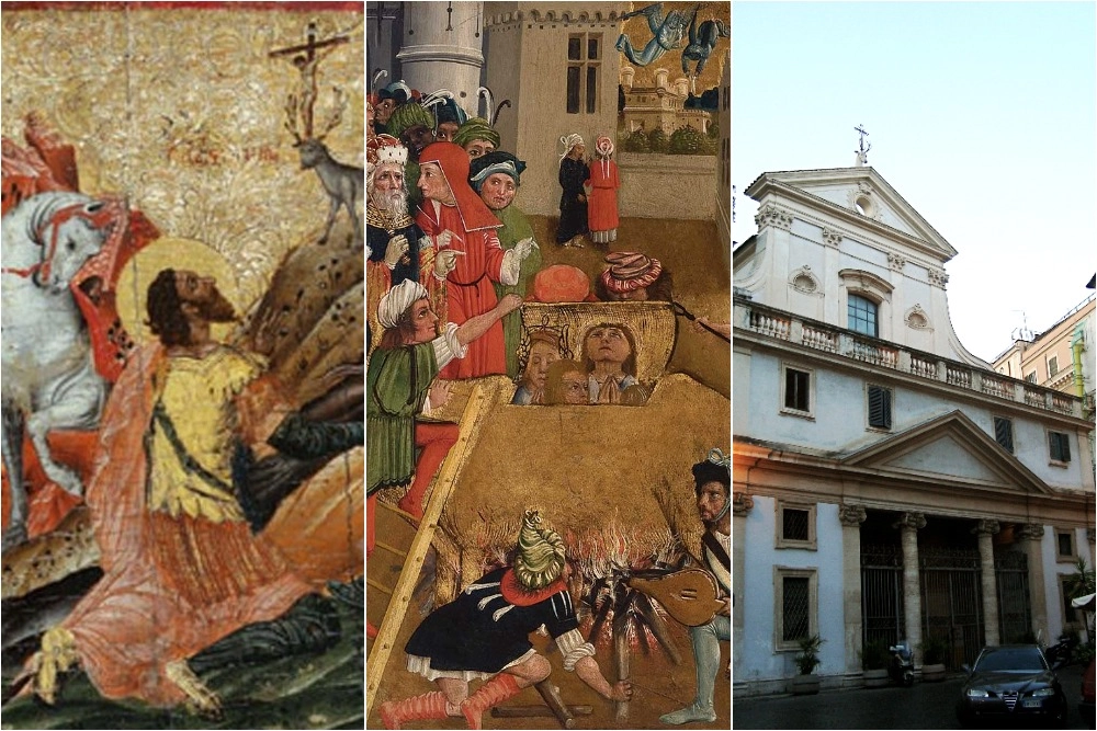 Видение святого Евстафия (икона критской школы, XVII век); Казнь св. Евстафия в раскалённом медном быке. Неизвестный немецкий художник XVI века. Национальный музей искусств Азербайджана; Базилика Сант-Эвстакио, Рим