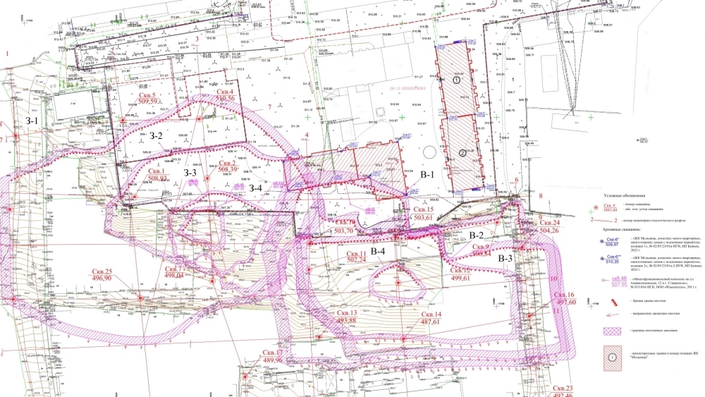 На схеме розовы выделены оползневые зоны, красным - будущие корпуса ЖК.