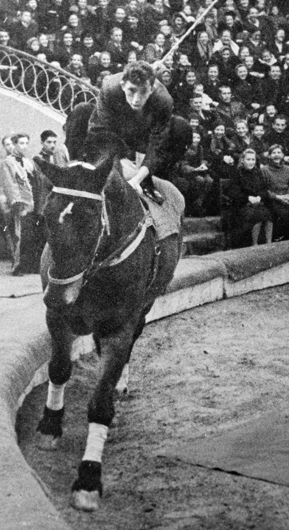 Юрий Никулин на одном из своих первых выступлений в цирке, в 1947 г. Молодой клоун изображает «человека из публики», который впервые сел на лошадь. 1947 год.