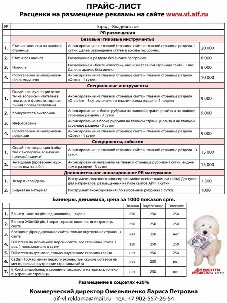 Прайс размещения на сайте
