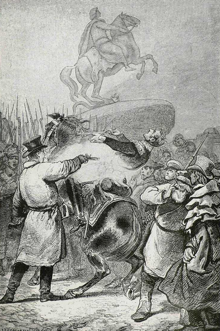 Нанесение смертельной раны Милорадовичу 14 декабря 1825 года. Гравюра с рисунка, принадлежащего Г.А. Милорадовичу.