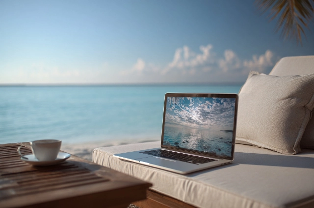 Ноутбук, море, кофе