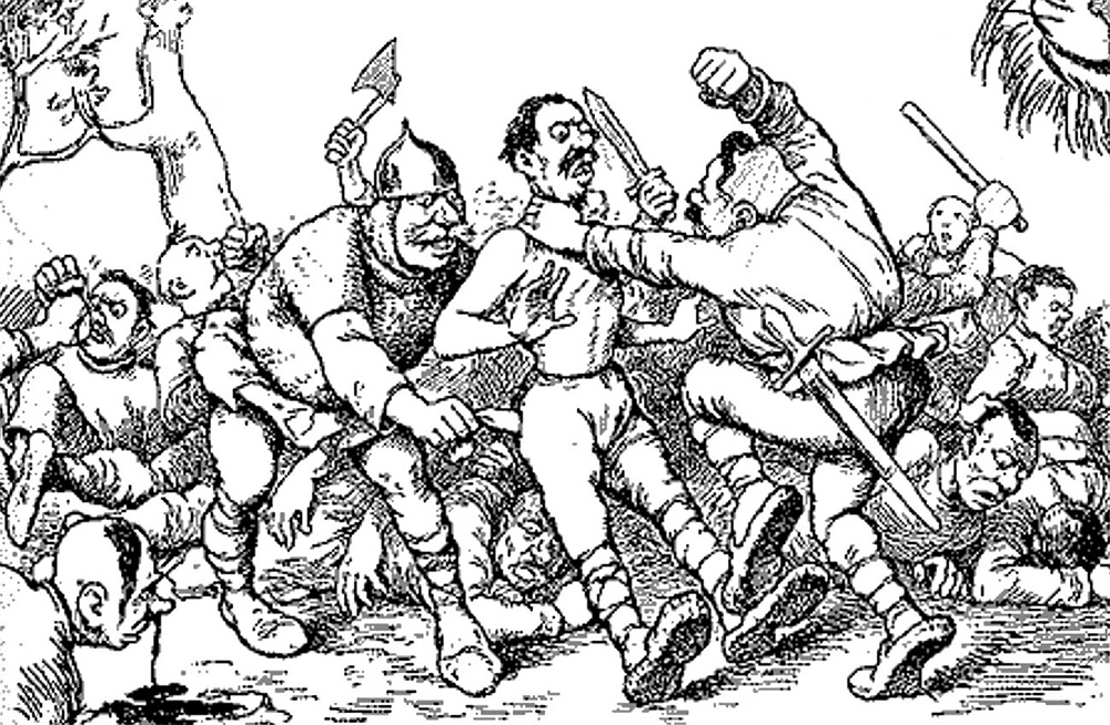 «Послушайте, ребята, что вам расскажет дед. Земля наша бо- гата, порядка в ней лишь нет…» (из стихотворения А. Толстого «История государства Российского от Гостомысла до Тимашева»). Рисунок В. Порфирьева, 1906 год.