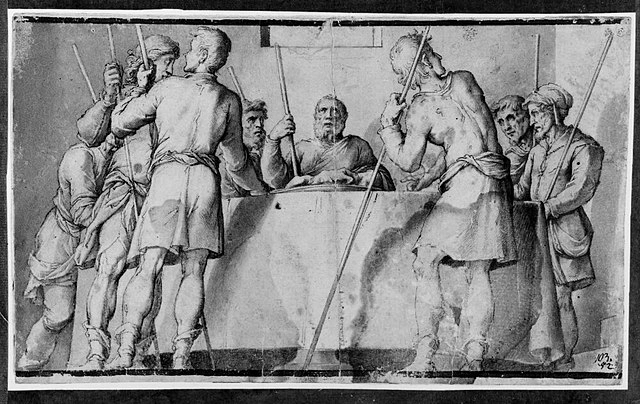 Картина Якопо Лигоцци. Сюжет, по-видимому, представляет празднование Песаха. Евреи собираются, чтобы съесть жертвенного агнца (ягнёнка), стоя, с обувью на ногах и посохами в руках, вкушая пищу поспешно.