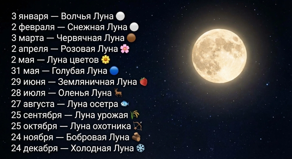 Календарь полнолуний 2026 года.