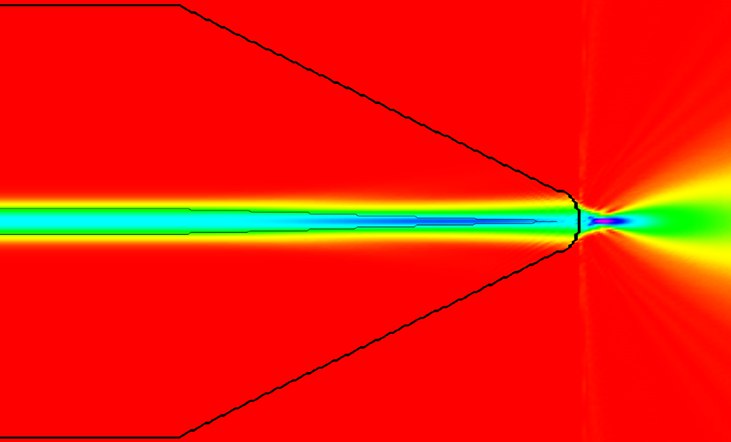 Моделирование распространения излучения в волоконном световоде с конусной линзой.