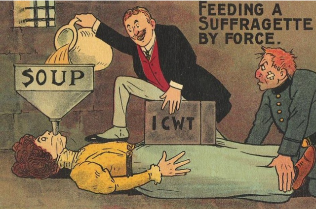 Карикатура, высмеивающая суфражисток, которых подвергали насильственному кормлению в тюрьмах. Способ кормления был крайне болезненным и даже приводил к смертям.
