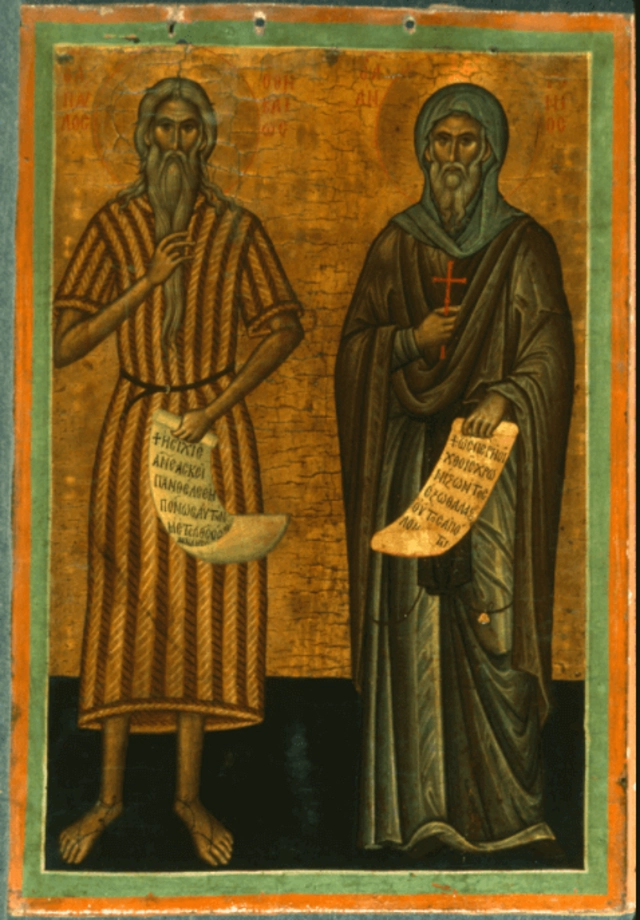 Греческая икона Святого Павла и Святого Антония Великого.