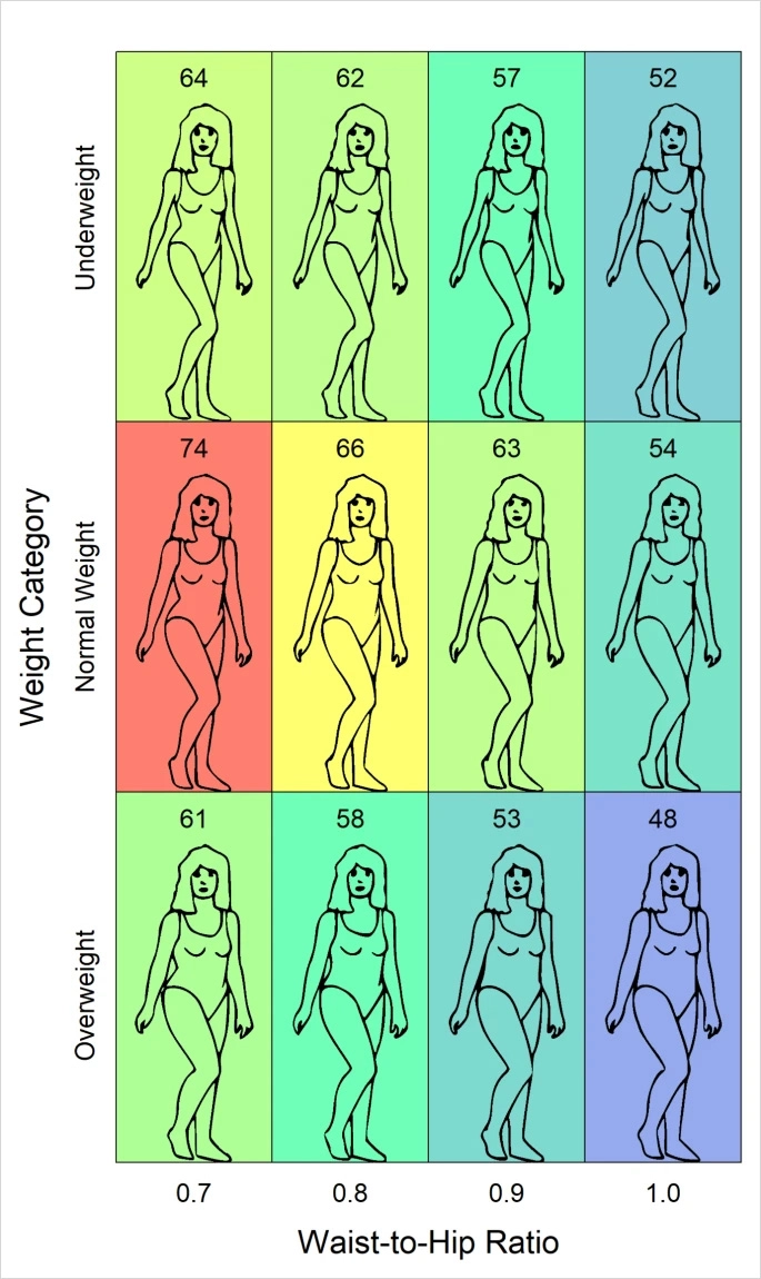 Рисунок 1. Классическое исследование привлекательности женщин на основании соотношения талия-бедра. Представлены женщины с нормальным весом (средний ряд), пониженным (вверху) и повышенным (внизу). Их коэффициенты талия-бедра указаны внизу (от 0,7 до 1,0). Над каждой женщиной приведен ее рейтинг. Самый высокий у фигуры на розовом фоне — 74 балла.