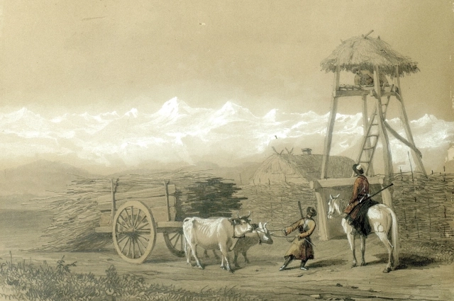 Казачий пост на Кавказе. 1846 год. Автор акварели - Г.Г.Гагарин