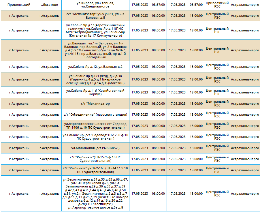 Отключения света 17 мая