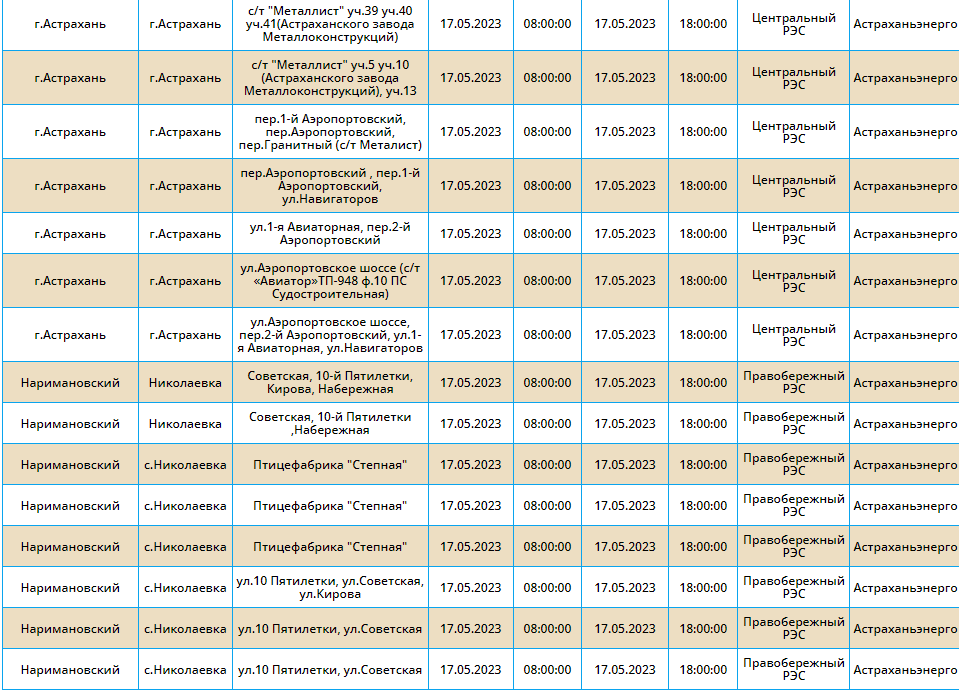 Отключения света 17 мая