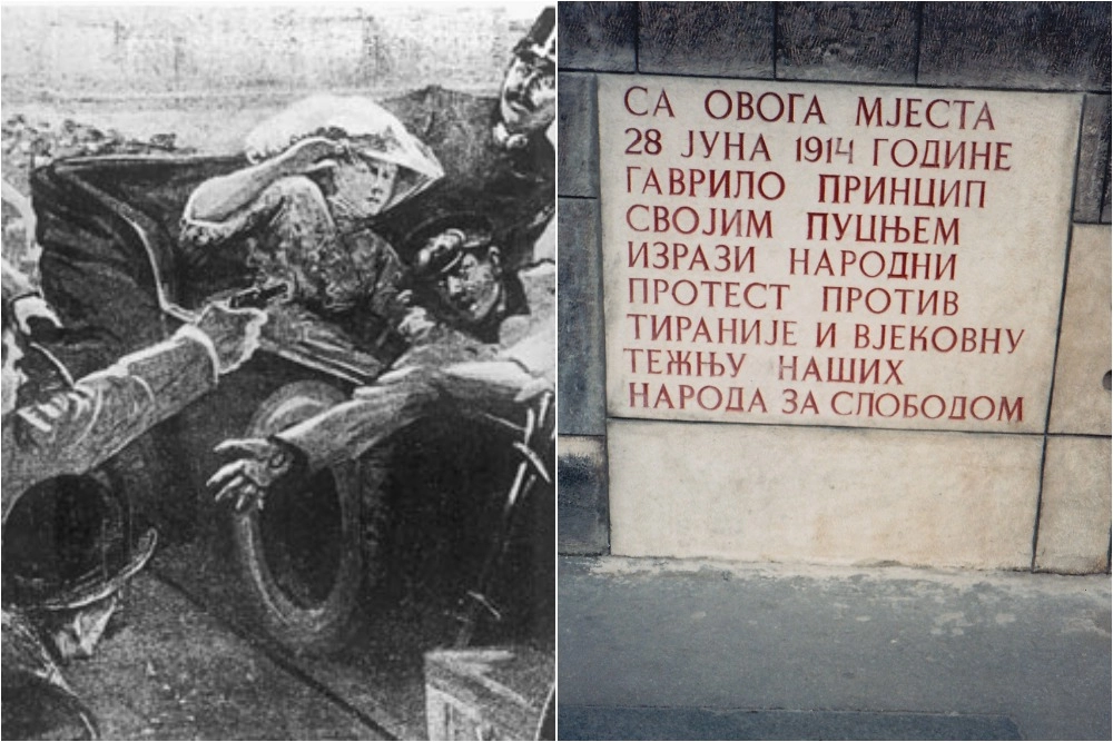 Гаврило Принцип убивает Франца Фердинанда. Рисунок из австрийской газеты 1914; Мемориальная доска на месте убийства, прославляющая Принципа, «выразившего своим выстрелом народный протест против тирании и вековую борьбу наших народов за свободу» (фото сделано в 1987 году; в 1992 году надпись заменена на выполненную в латинице и с нейтральной формулировкой)