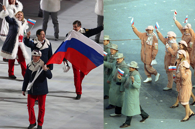 В 92-м году одевались скромнее. На спорт у государства денег не было. Слева - олимпийская сборная России 2014 г. на Играх в Сочи, справа - объединённая команда СНГ на Играх 199 2г. в Альбервилле
