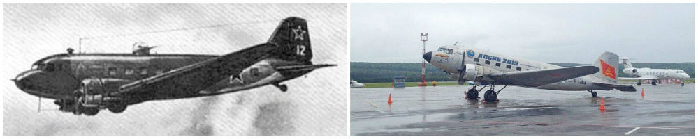 В полёте «Русский Дуглас» - ПС-84 (наверху справа). __________ Внизу его американский прообраз времён Второй мировой войны, восстановленный в наши дни на красноярском аэродроме.
