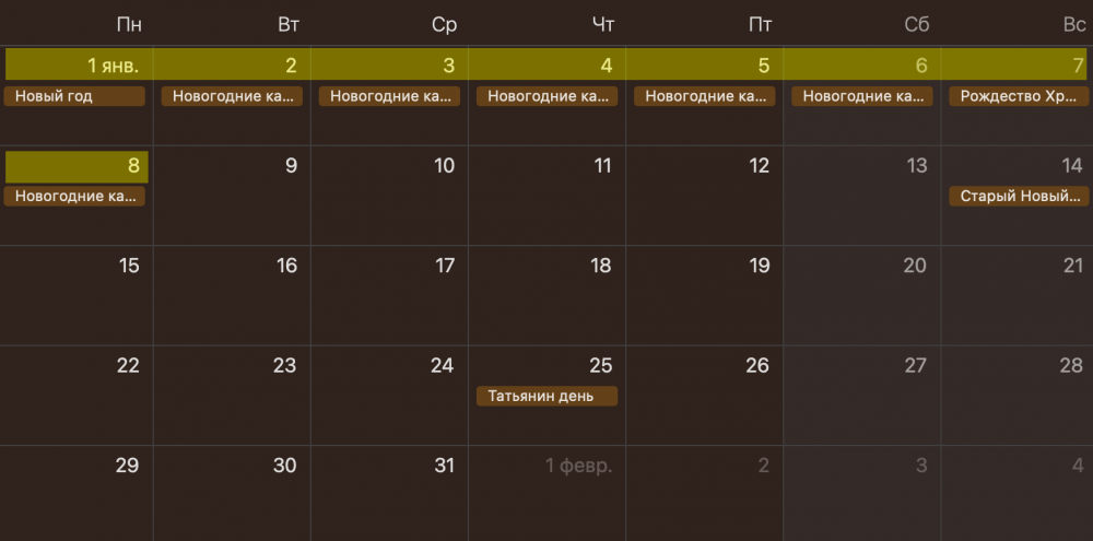 Календарь выходных и праздничных дней в январе 2024 года.