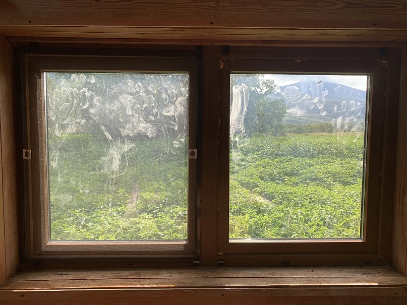 «Автограф» косолапого на окне в столовой.