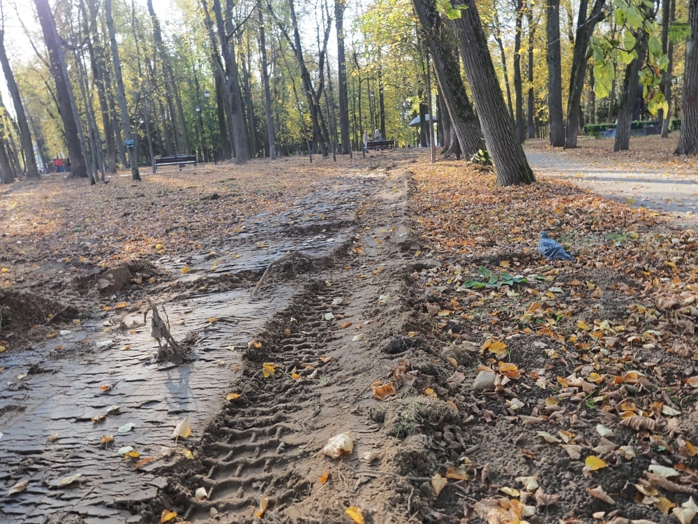 Такая колея от трактора осталась в парке.