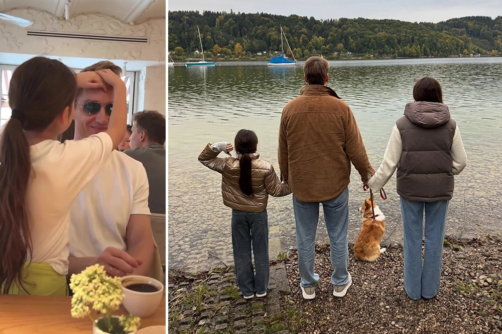 Алексей Воробьев с дочерью и женой. У семьи есть корги по кличке Моцарт.