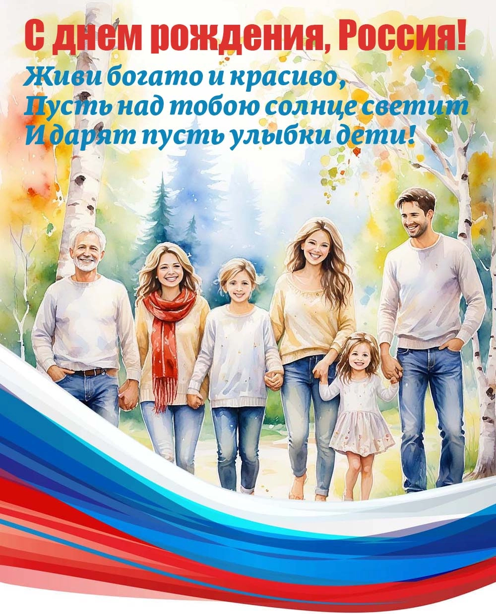 Открытка с Днём России. Скачайте и поздравьте семью.