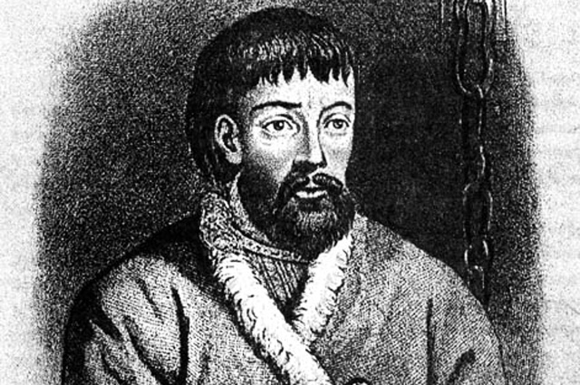 Емельян Пугачёв в тюрьме. Портрет, приложенный к изданию «Истории пугачёвского бунта» А. С. Пушкина, 1834