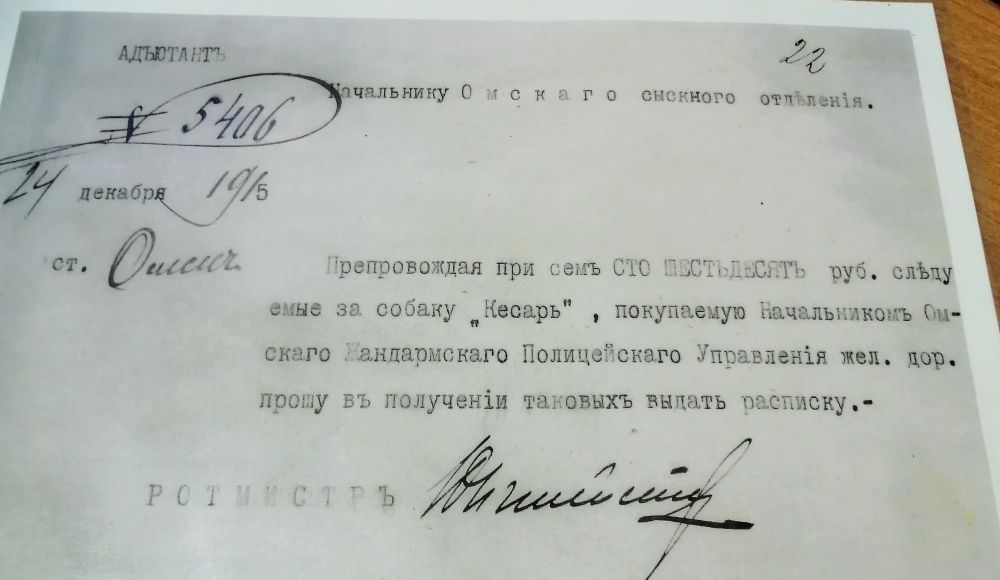 Документ о покупке служебной собаки, 1915 г.