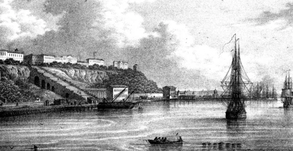 Вид с Чёрного моря на Приморский бульвар в Одесском морском порту, 1850-е годы.