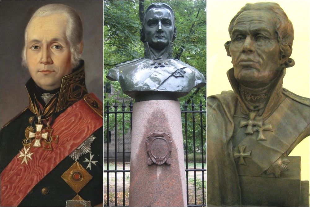 Портрет адмирала Фёдора Фёдоровича Ушакова; Бюст адмирала, установленный возле Музея судостроения и флота в Николаеве; Реконструкция облика флотоводца по черепу, выполненная академиком М. М. Герасимовым.