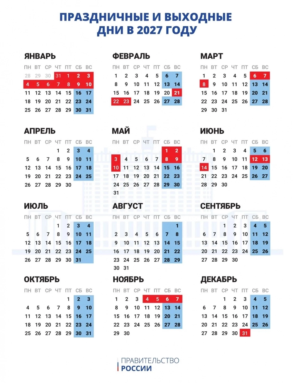 Официальный трудовой календарь на 2027 год.