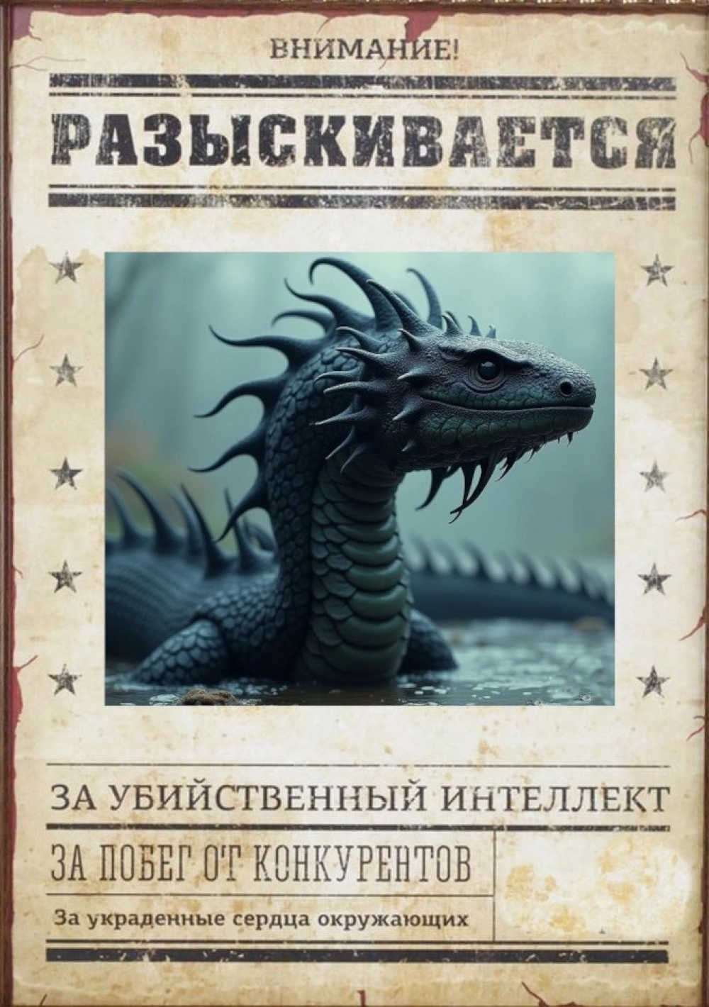 Вот так искусственный интеллект по описанию нарисовал Карадагского змея. 