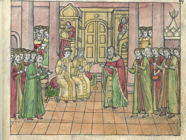 Венчание Михаила Фёдоровича и Евдокии Стрешневой епископом Максимом, миниатюра XVII в.