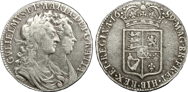 Вильгельм III с супругой на монете (полкроны, 1689)