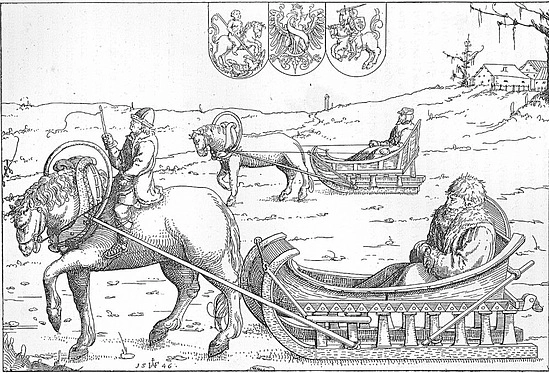 Сигизмунд Герберштейн в русских санях, гравюра Гиршфогеля, 1547 г.