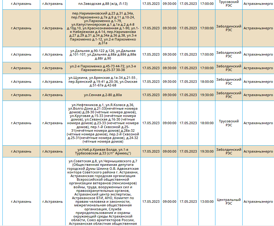 Отключения света 17 мая