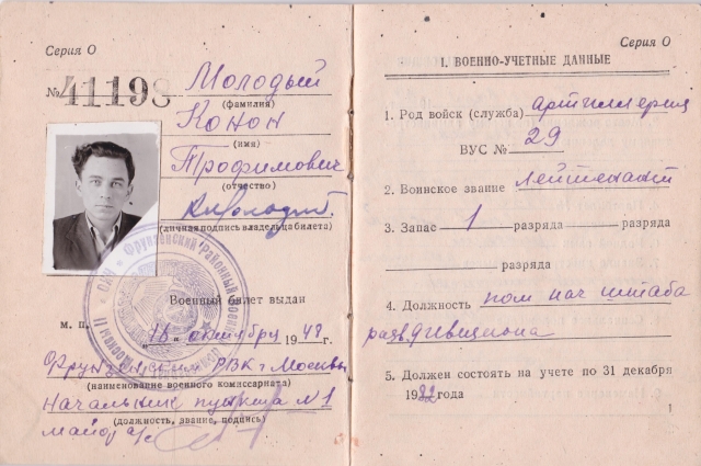 Военный билет Конона Трофимовича Молодого.