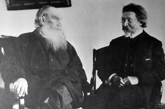 Лев Толстой и Илья Репин в Ясной Поляне. 1908 г.