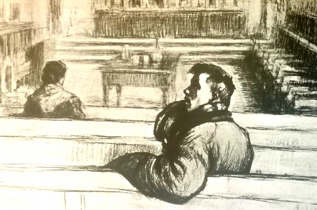 В зале суда во время перерыва. Иллюстрация Л. О. Пастернака к роману «Воскресение».